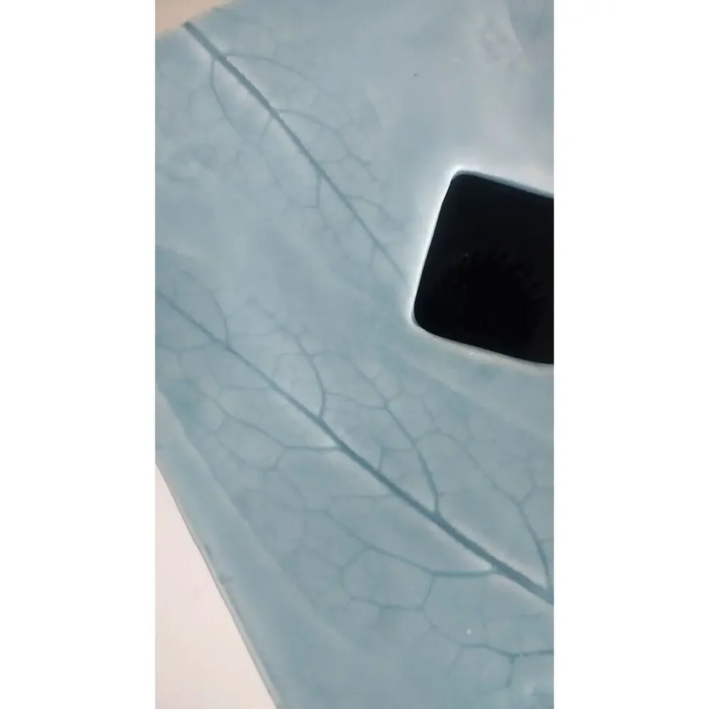 Ikebana Ceramic Vase, Unusual Square Shape with Leaf Imprints, Aqua‎ Blue